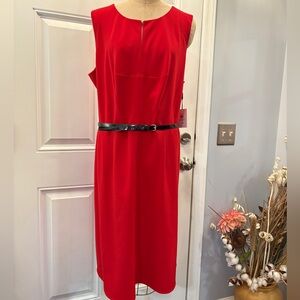Calvin Klein Red Midi Sleeveless Dress with Belt 18 Career Wear Power Look Chic